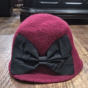 Women's Burgundy Cloche Hat with Black Bow Cottagecore Grandmacore 100% Wool